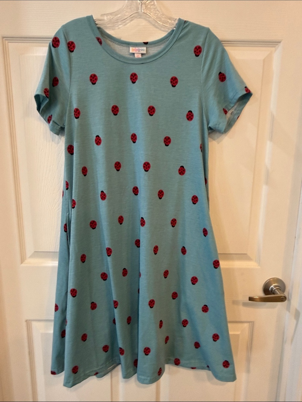 LuLaRoe Light Mint Greenish Blue Midi Dress with Red Ladybug Print